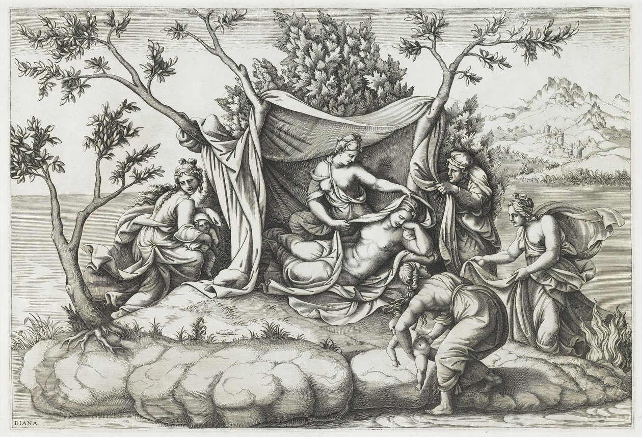 Latona dando à luz a Apolo e Diana, gravada por Diana Mantovana (n.1535), após 1575 (gravura) de Giulio (after) Romano
