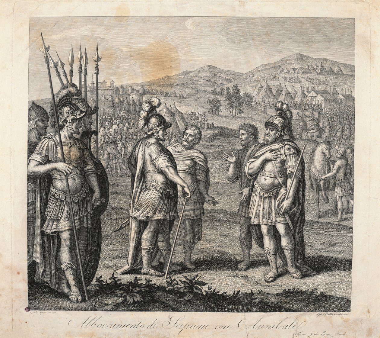 Encontro entre Aníbal e Cipião durante as Guerras Púnicas (gravura) de Giulio (after) Romano