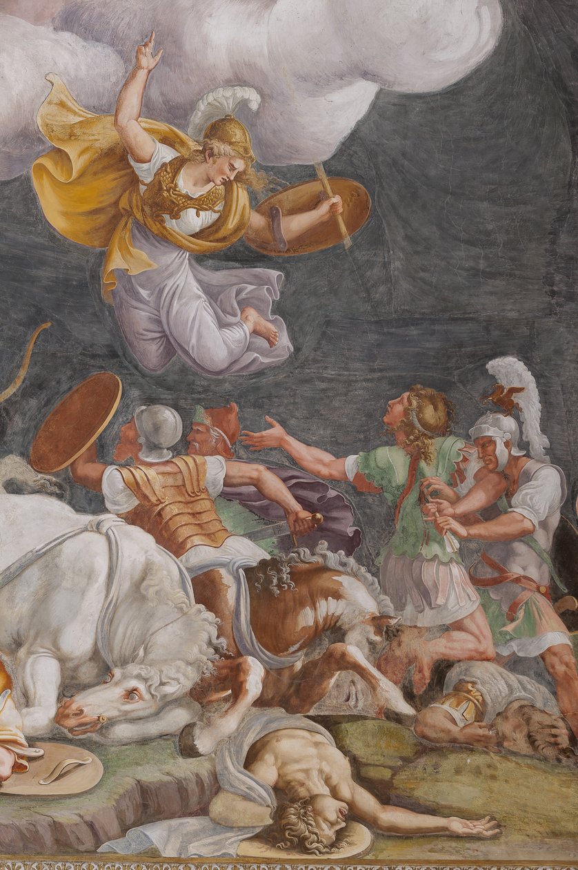 Uma batalha, detalhe, O Cavalo de Tróia, Câmara de Tróia (Sala di Troia) de Giulio (and workshop) Romano