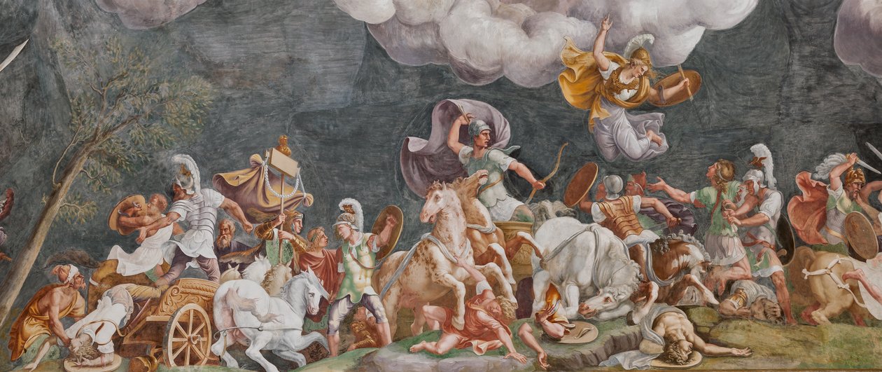 Uma batalha, detalhe, O Cavalo de Tróia, Câmara de Tróia (Sala di Troia) de Giulio (and workshop) Romano