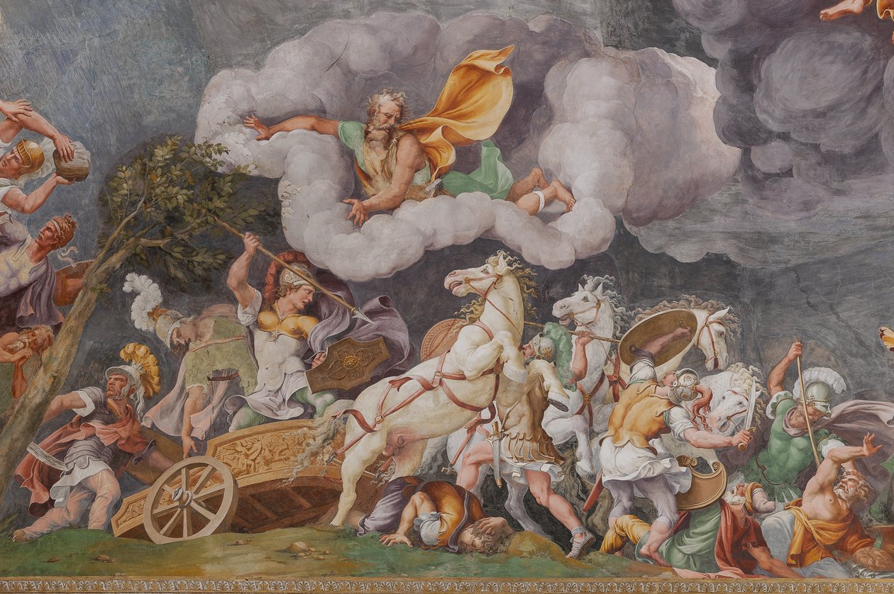Uma batalha, detalhe, O Cavalo de Tróia, Câmara de Tróia (Sala di Troia) de Giulio (and workshop) Romano