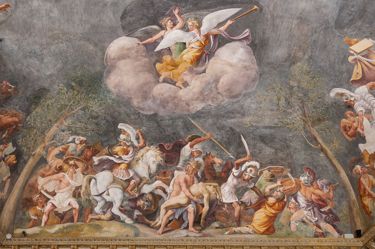 Ajax protegendo o cadáver de Patroclus durante a batalha de Tróia, O Cavalo de Tróia, Câmara de Tróia (Sala di Troia) de Giulio (and workshop) Romano