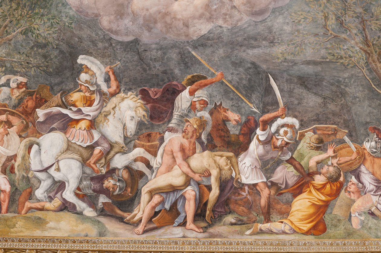 Ajax protegendo o cadáver de Patroclus durante a batalha de Tróia, O Cavalo de Tróia, Câmara de Tróia (Sala di Troia) de Giulio (and workshop) Romano