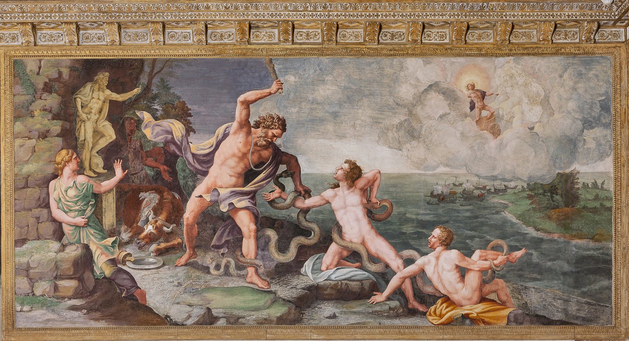 Laocoonte e seus filhos sendo atacados por serpentes, O Cavalo de Tróia, Câmara de Tróia (Sala di Troia) de Giulio (and workshop) Romano