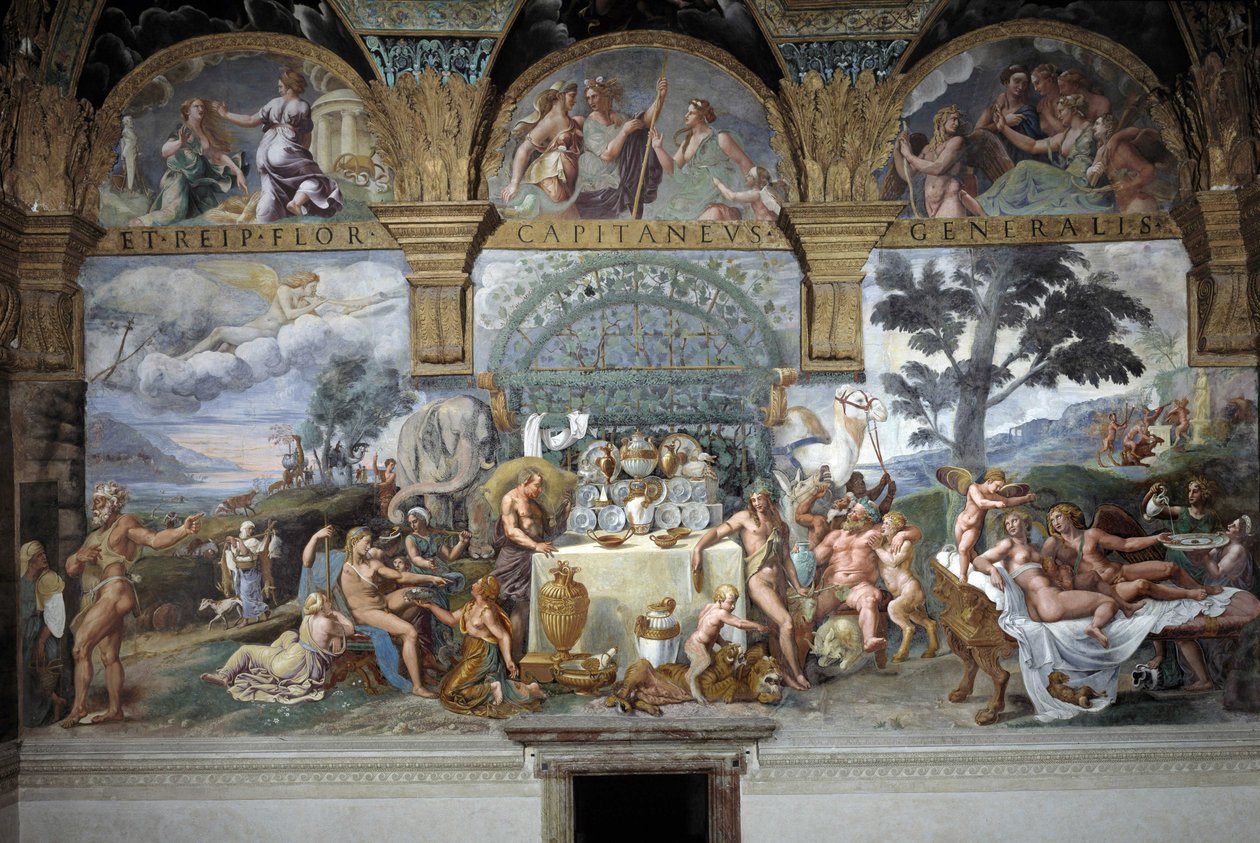 O nobre banquete que celebra o casamento de Cupido e Psique, parede sul da Sala de Cupido e Psique, c.1527-31 (fresco) de Giulio (and workshop) Romano