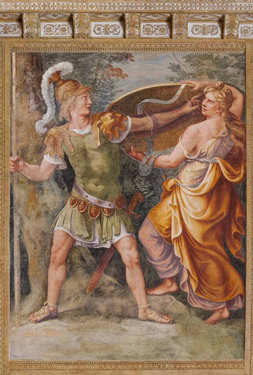 Thetis dando a Aquiles as armas forjadas por Hefesto (Vulcano), O Cavalo de Tróia, Câmara de Tróia (Sala di Troia) de Giulio (and workshop) Romano