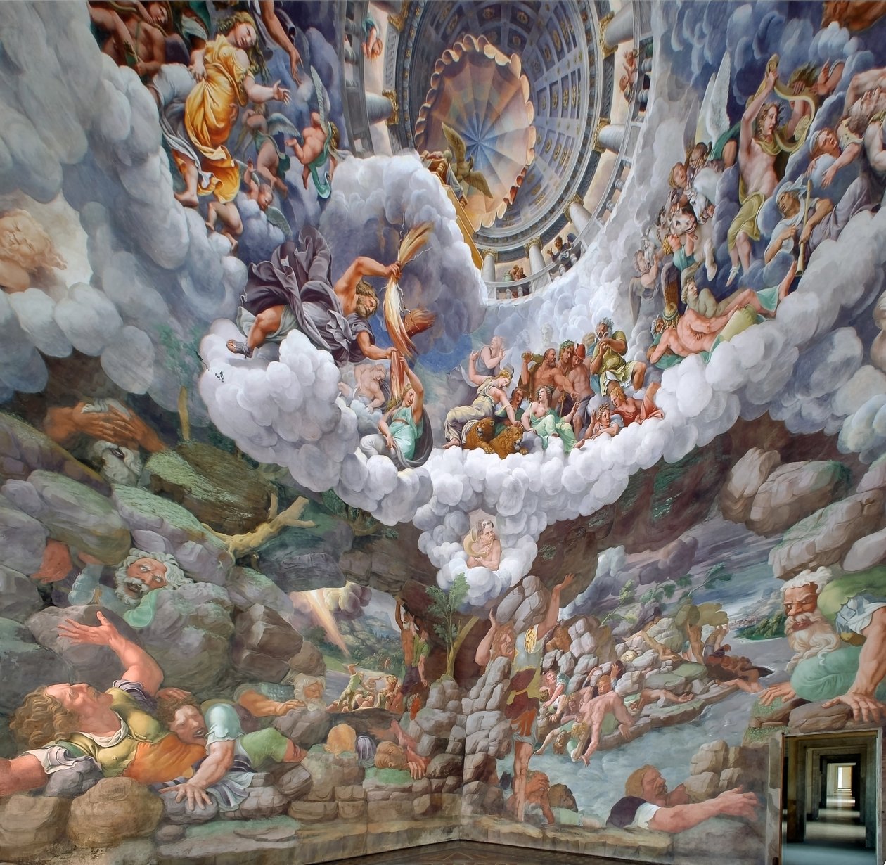 Zeus cercado por outros deuses do Olimpo lançando raios contra os Gigantes e destruindo-os, abóbada e muros Sul e Oeste, Câmara dos Gigantes (Sala dei Giganti ) de Giulio (and workshop) Romano