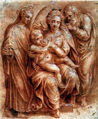 Sagrada Família com uma Virgem Mártir (giz vermelho aumentado com branco) de Giulio (circle of) Romano