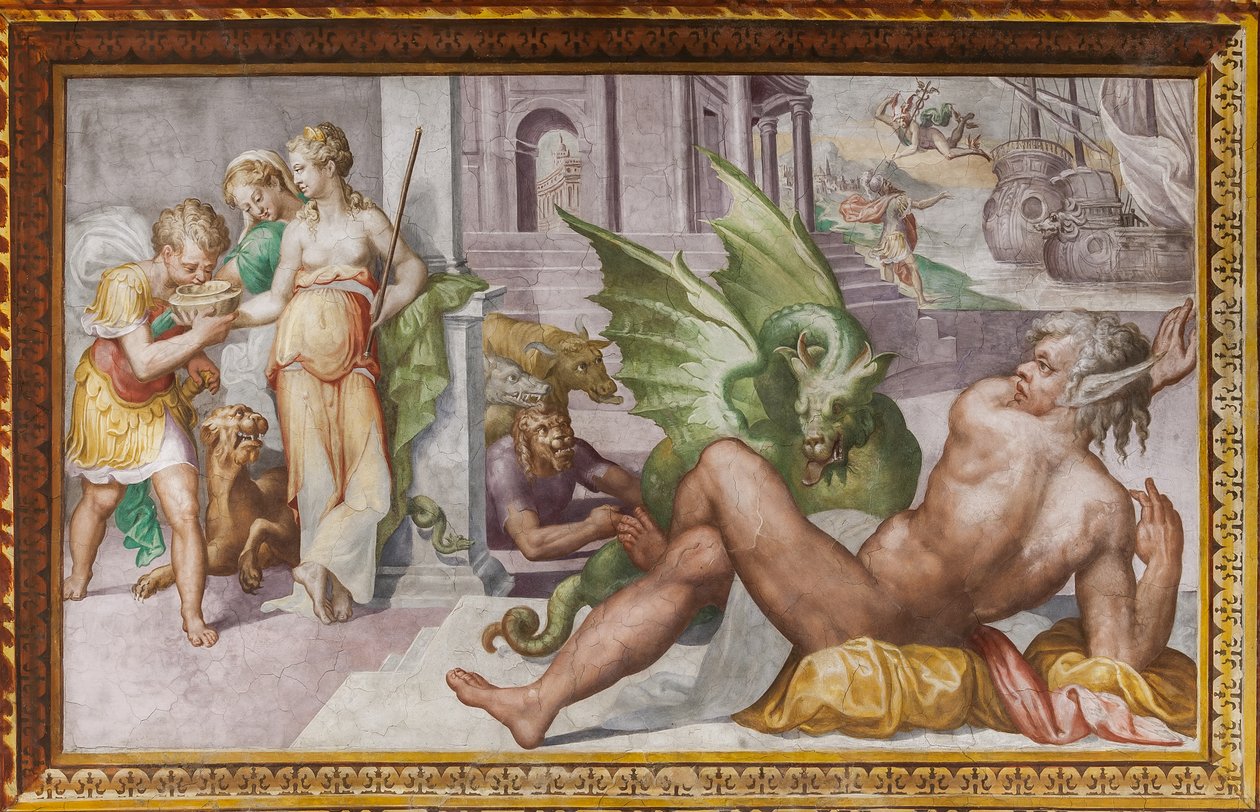 Circe transformando em monstros os companheiros de Ulisses, do Salão de Circe, Rocca dei Rossi, San Secondo, Parma, Itália de Giulio (school of) (attr.to) Romano