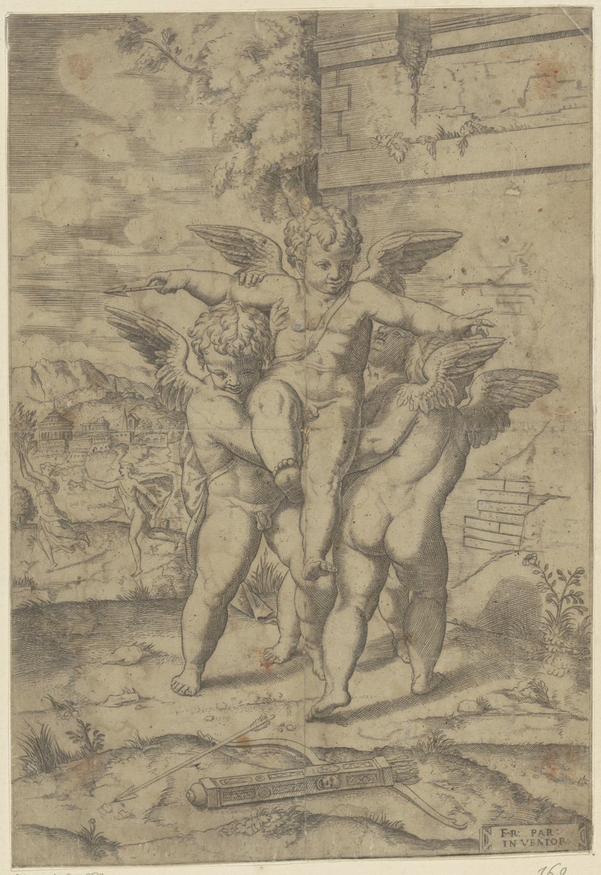 Amor e três putti de Giulio Bonasone (attributed to)