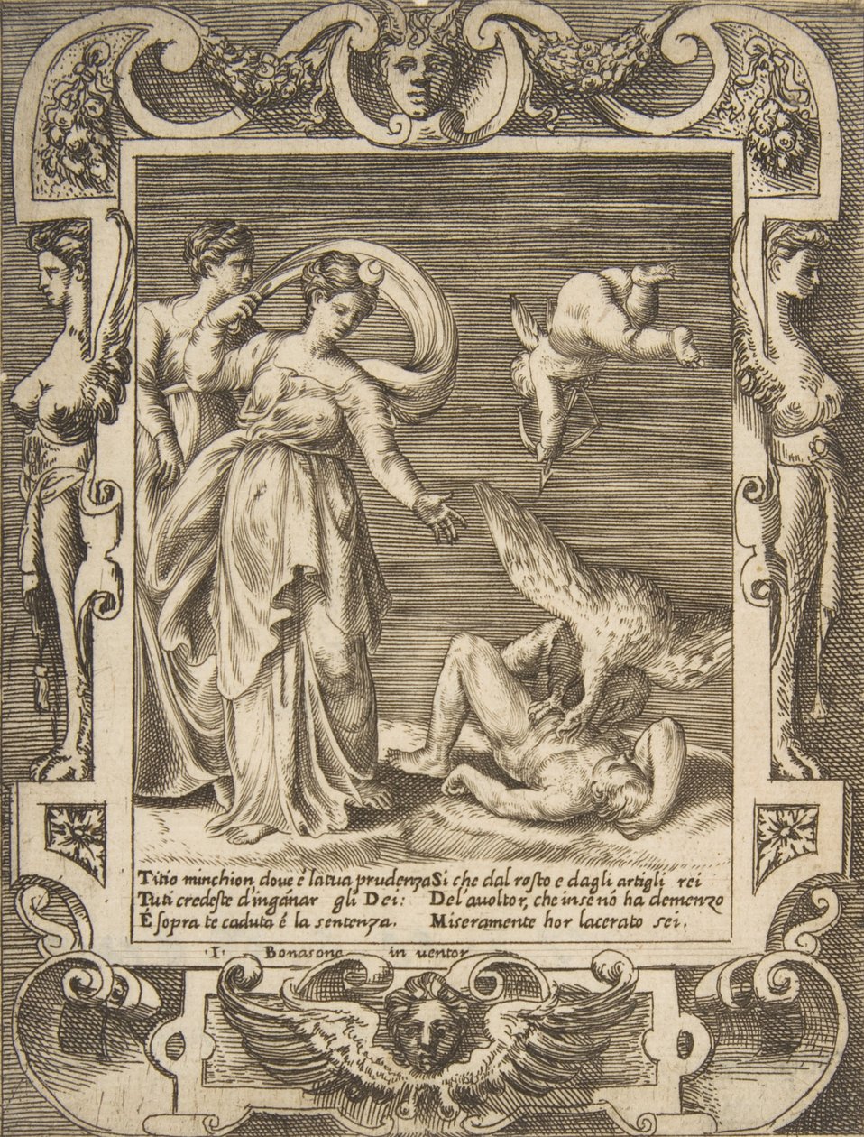 Um abutre comendo as entranhas de Tício, Cupido acima de duas mulheres à esquerda, dentro de um..., 1531-76. de Giulio Bonasone