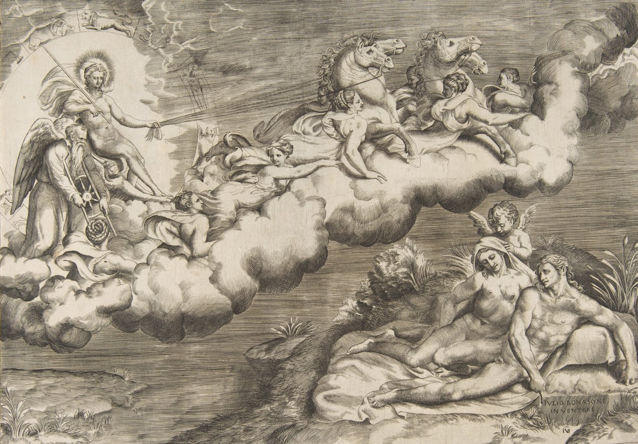 Uma alegoria do sol nascente, um homem nu vestindo uma mortalha e acompanhado do Pai Tempo..., 1531-76. de Giulio Bonasone