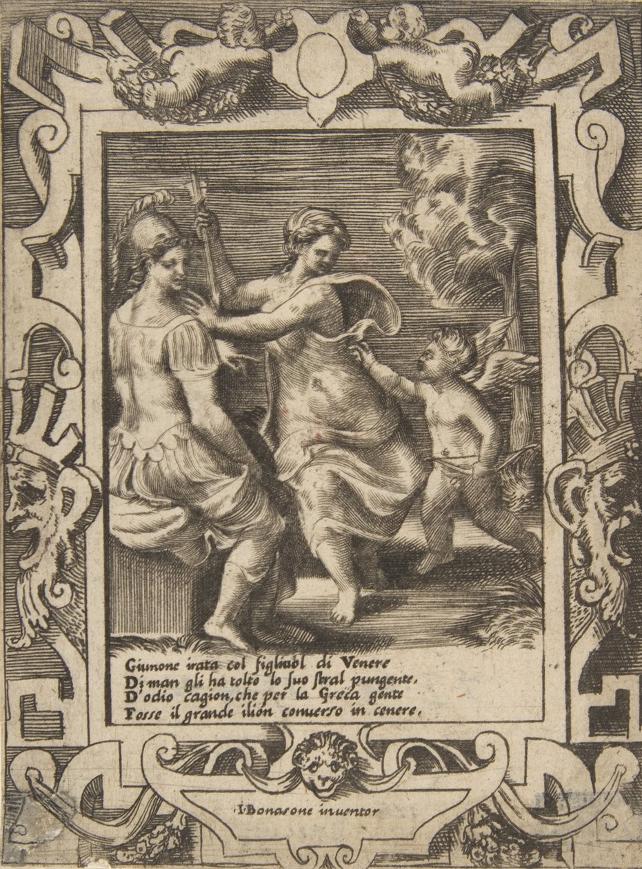 Atena sentada perto de Juno que tirou as flechas de Cupido, colocadas dentro de uma moldura elaborada..., 1531-76. de Giulio Bonasone