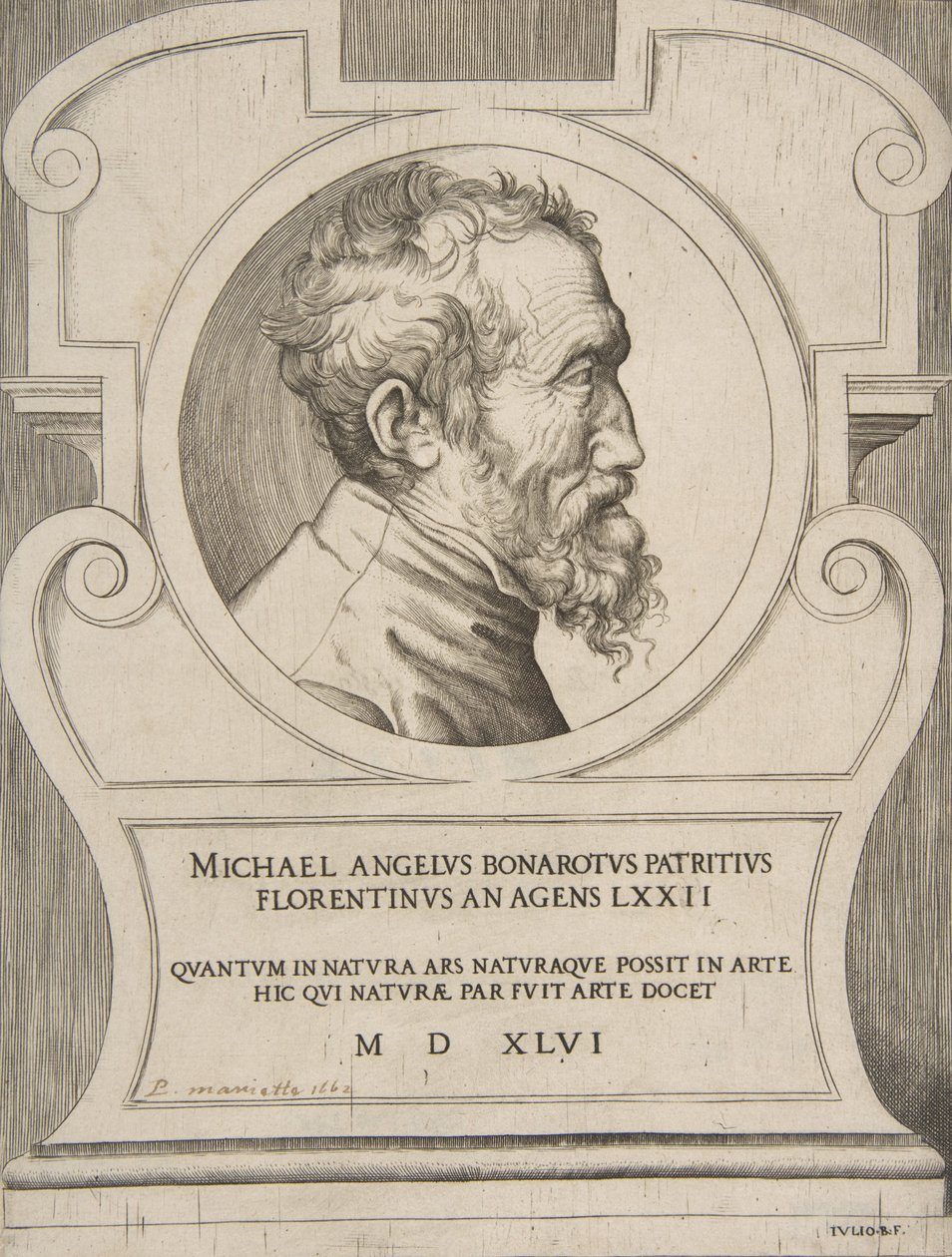 Busto de Michelangelo virado para a direita, dentro de uma cartela., 1546. de Giulio Bonasone