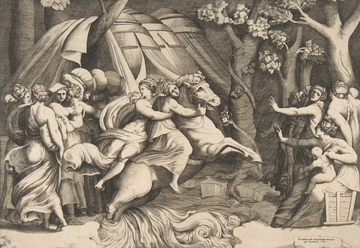 Cloelia a cavalo cruzando o Tibre, ca. 1540-60. de Giulio Bonasone
