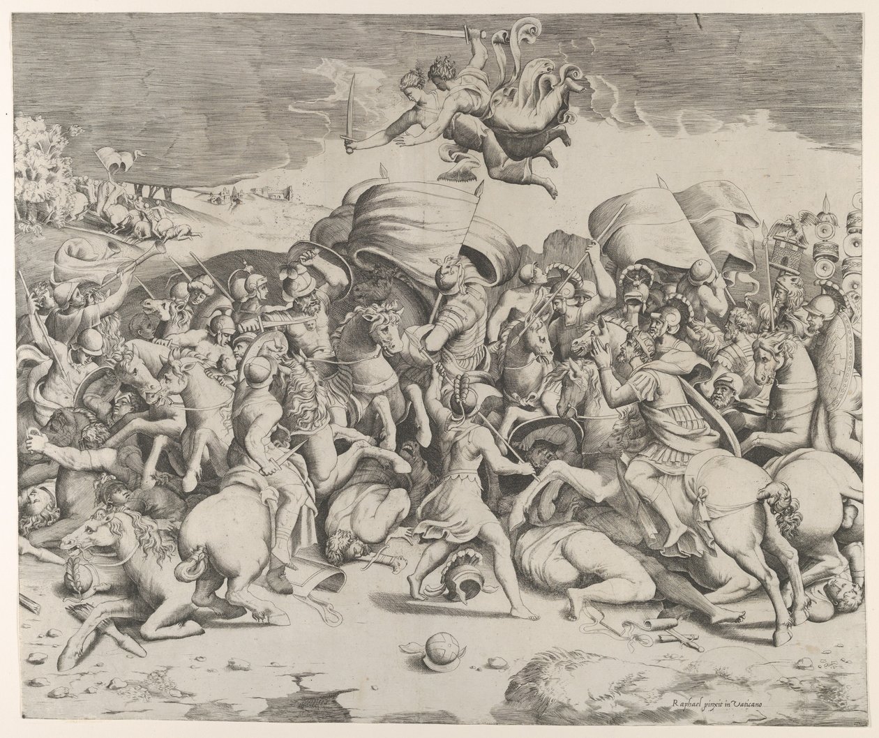 Constantino derrotando o tirano Maxêncio, anjos carregando espadas voam acima, 1544., 1544. de Giulio Bonasone