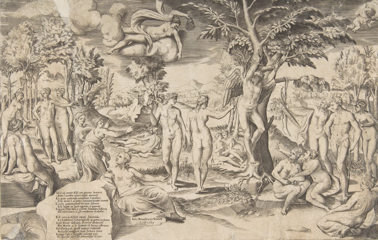 Cupido nos Campos Elísios amarrado a uma árvore no centro, cercava minhas muitas figuras, 1563. de Giulio Bonasone
