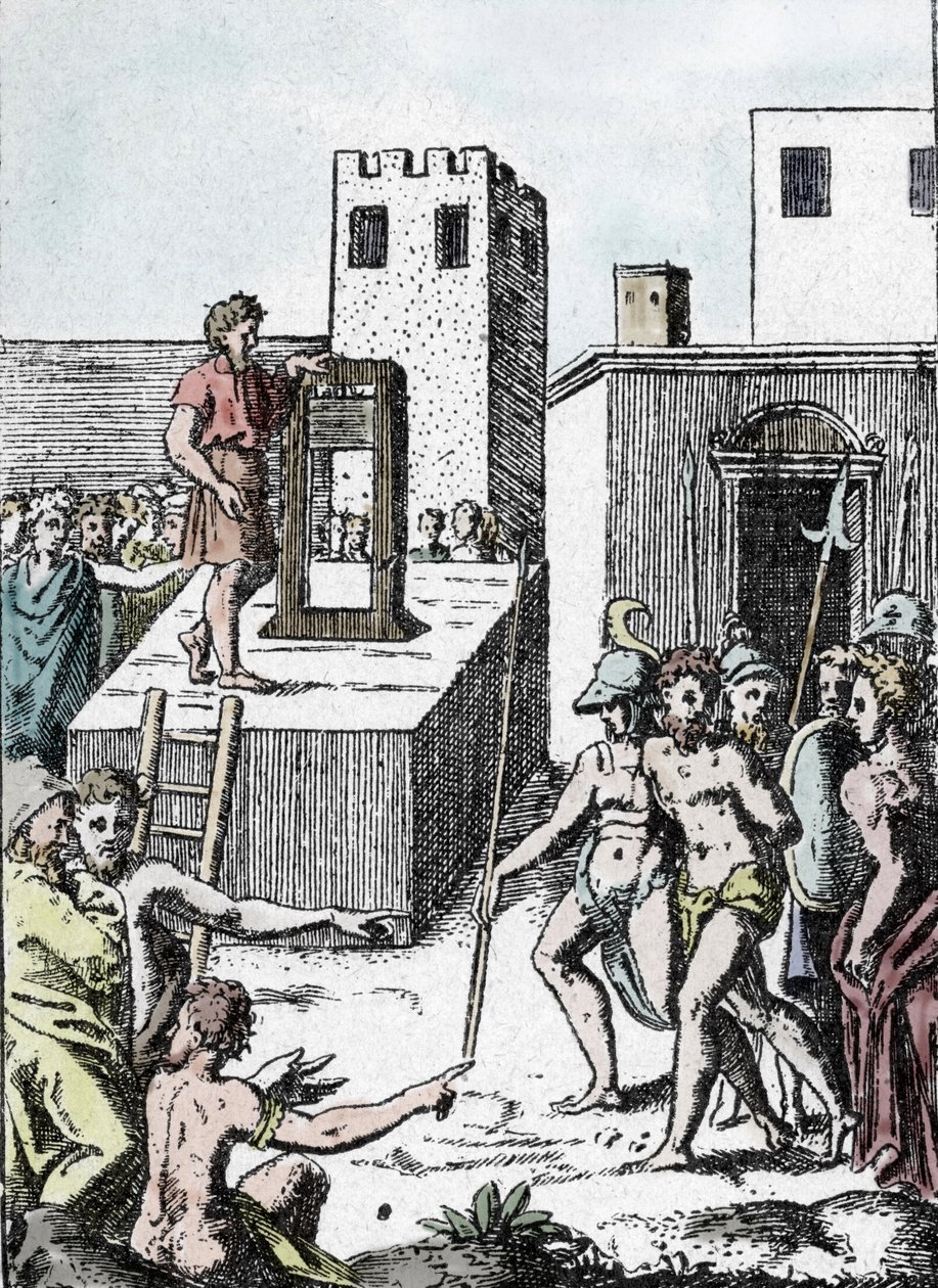 Pena de morte: a execução de uma sentença de morte com o antepassado da guilhotina (máquina uma descoloração) em Itália chamada Mannaia e concebida por Achille Bocchi, em 1555" Gravação de Giulio Buonasone (Bonasone) (1498-1574) (Representação do Maná de Giulio Bonasone