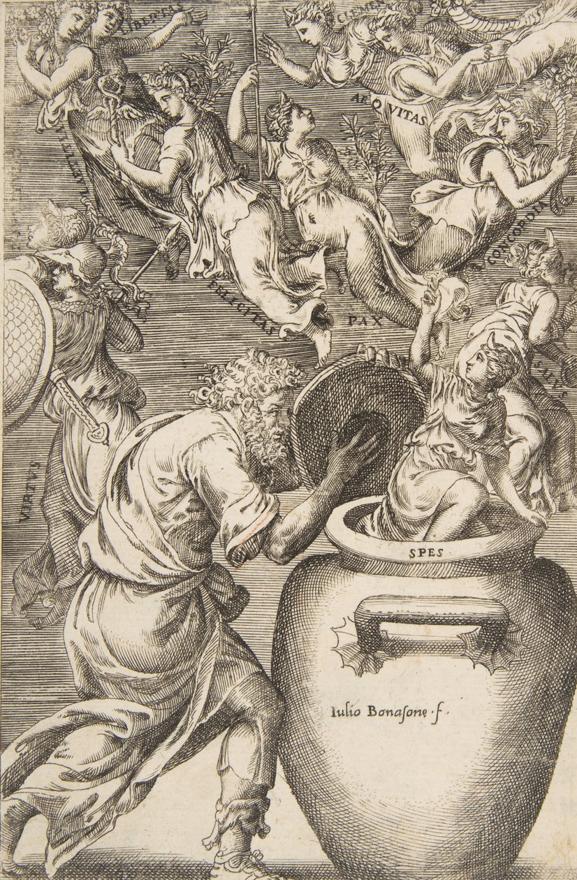 Epimeteu abrindo a caixa de Pandora, 1531-76. de Giulio Bonasone