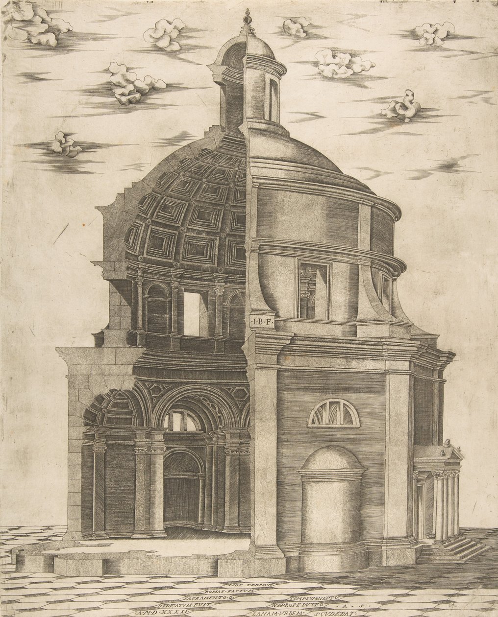 Seção exterior e interior de um templo em Roma dedicado a Netuno, 1541. de Giulio Bonasone
