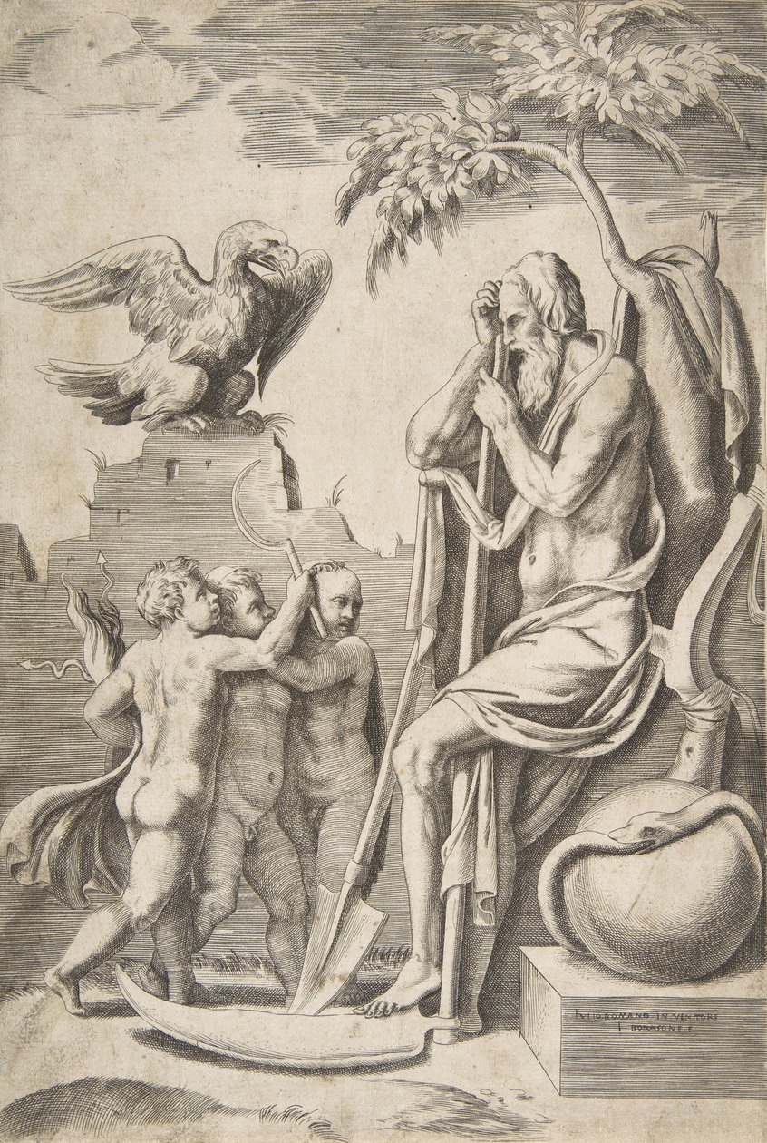 Pai Tempo à direita apoiado em uma foice, três meninos nus e águia à esquerda, 1..., 1531-76. de Giulio Bonasone