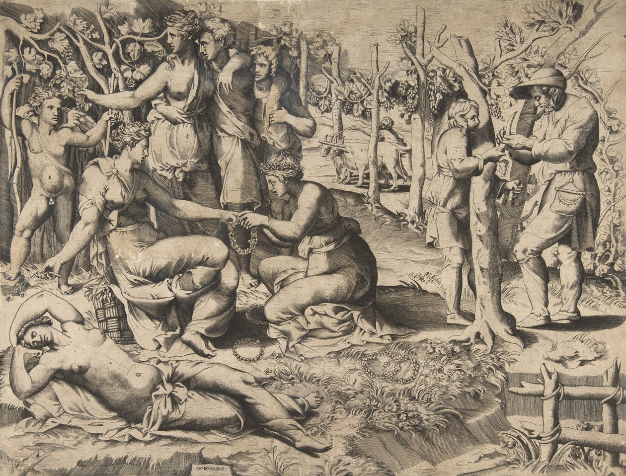 Flora ao centro passando uma coroa de flores para outra mulher, cercada por outras figueiras..., meados do século XVI. de Giulio Bonasone