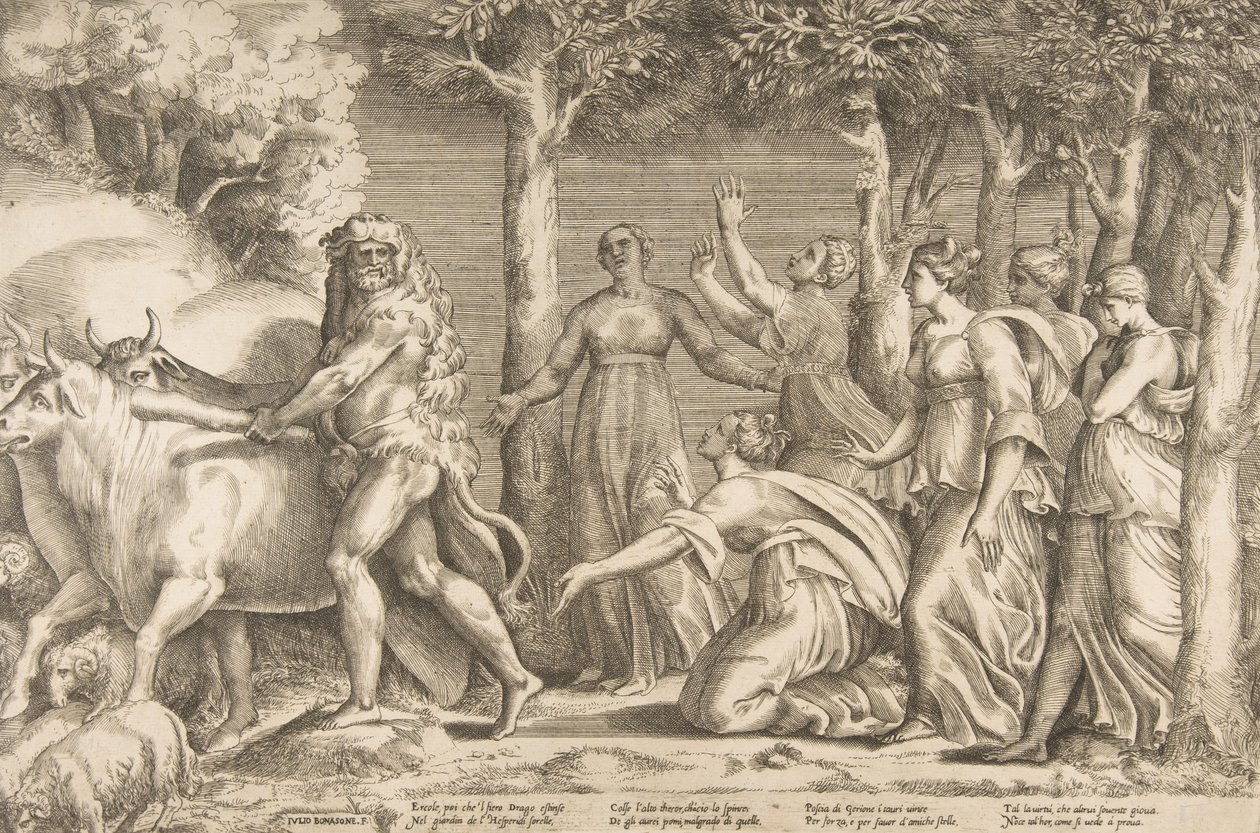 Hércules expulsando o gado de Geryon, à direita estão as ninfas de Hespérides, ..., 1531-76. de Giulio Bonasone