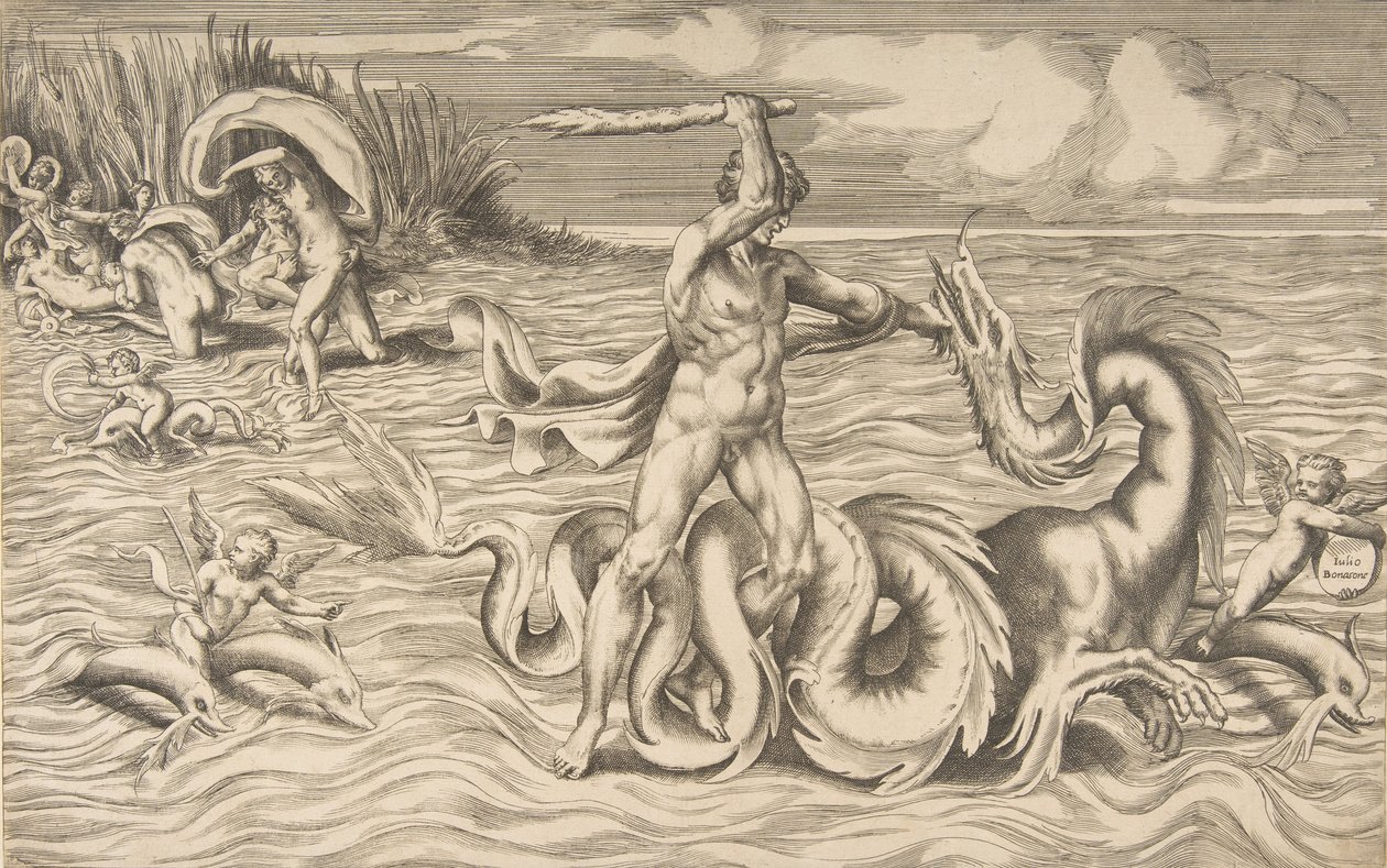 Hércules luta contra um dragão no centro, Achelous carregando Deianeira no canto superior esquerdo, 1531-76. de Giulio Bonasone