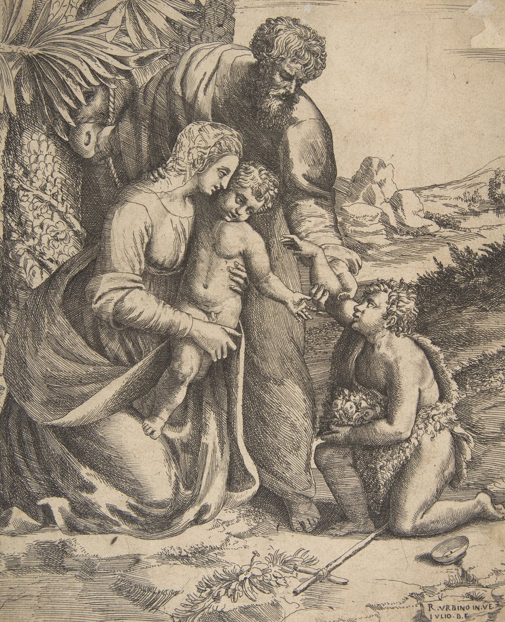 Sagrada Família com São João Batista que se ajoelha à direita, 1531-76. de Giulio Bonasone