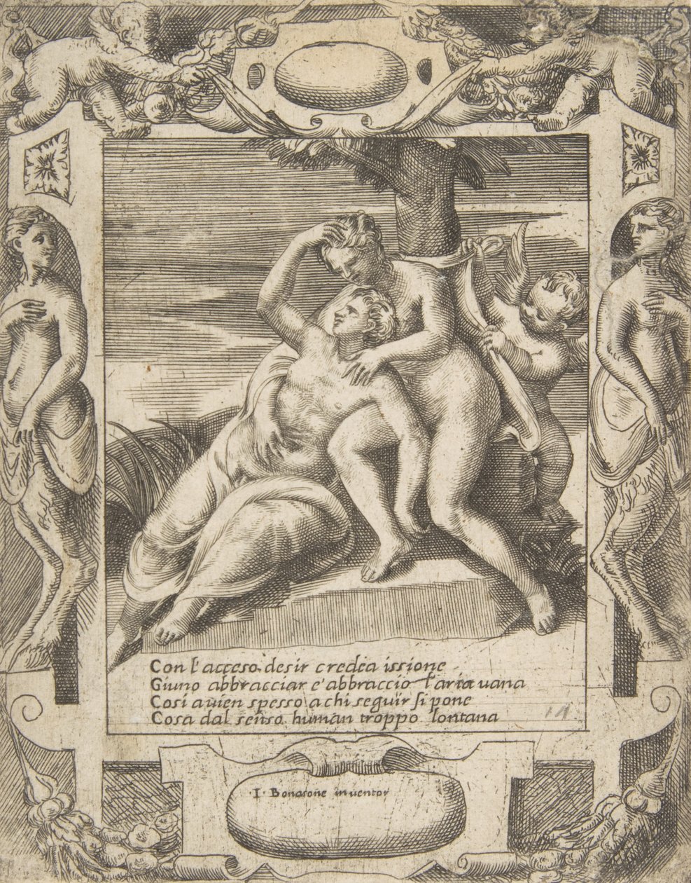 Ixion abraçando uma nuvem, pensando que é Juno, Cupido à direita, situado dentro de uma elaborada..., 1531-76. de Giulio Bonasone