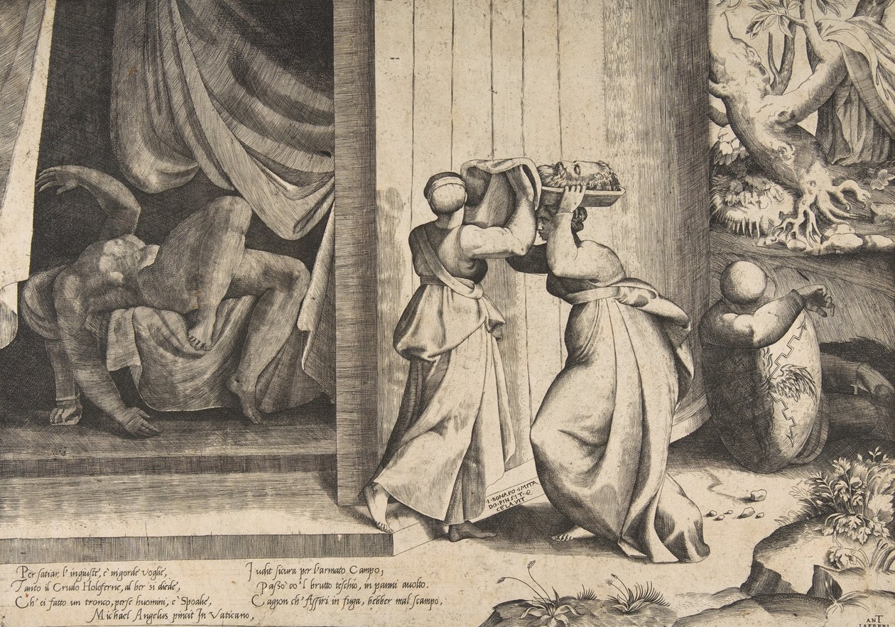 Judite passando a cabeça de Holofernes para sua serva, a decapitada Holofernes em..., 1531-76. de Giulio Bonasone