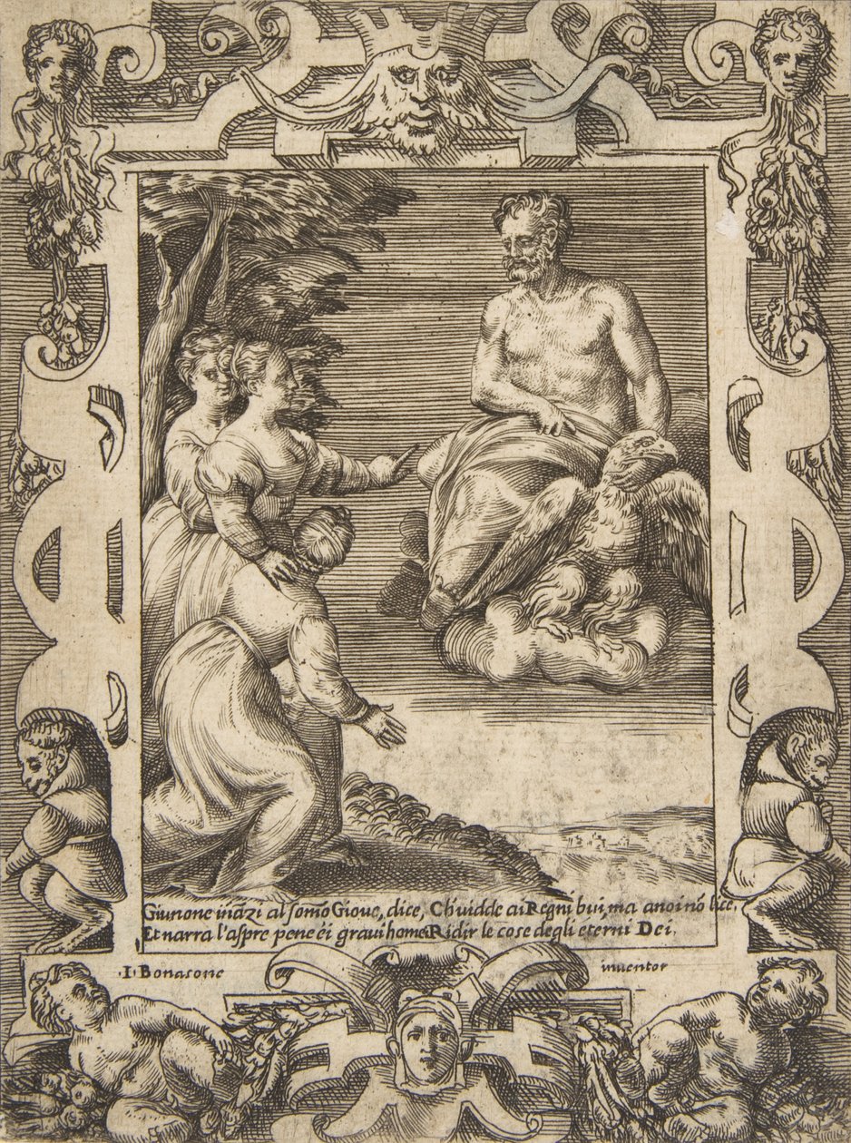 Juno à esquerda pede a Júpiter para ajudar os gregos, situados dentro de um quadro elaborado, desde o 