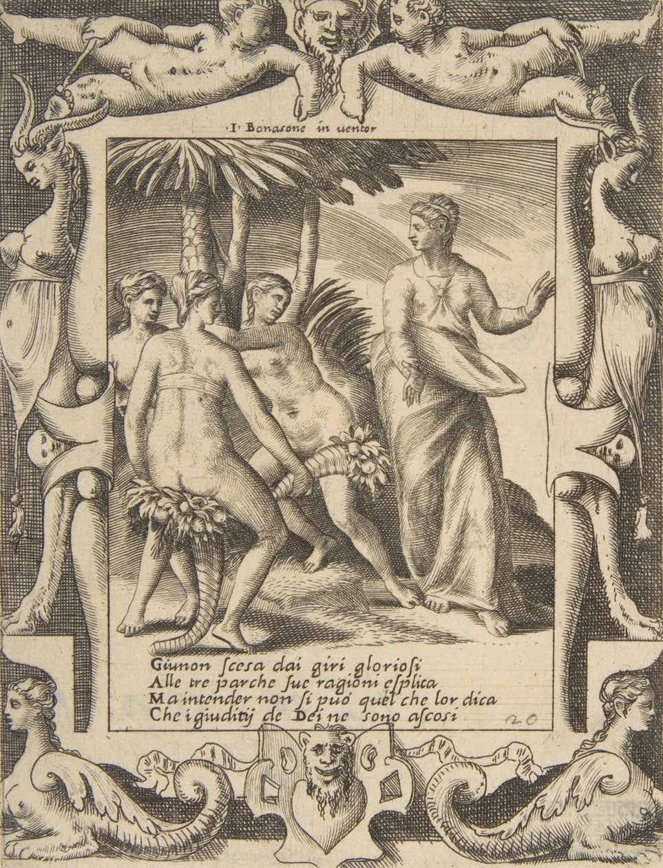 Juno à direita virando e falando com as Parcas, ambientado em uma moldura elaborada, de..., 1531-76. de Giulio Bonasone
