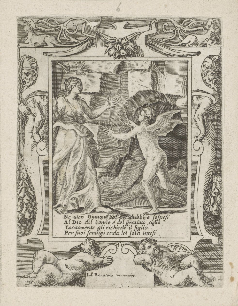 Juno ordena que o Sono desça em Júpiter Amor, Raiva e Ciúme de Juno (título da série) Amori sdegni et gielosie di Giunone (título da série) de Giulio Bonasone