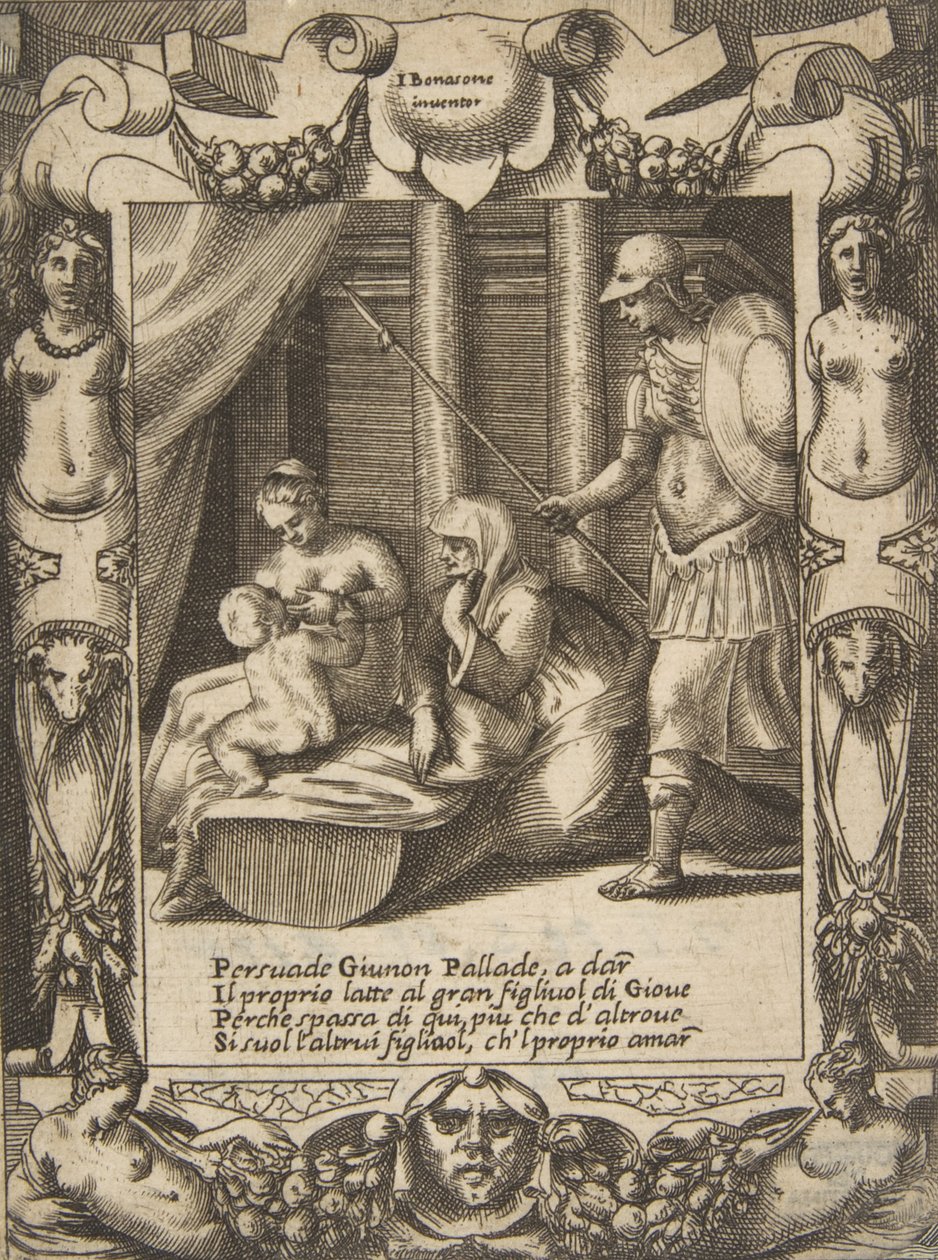 Juno convence Atena a amamentar o jovem Hércules, colocado dentro de uma moldura elaborada, de..., 1531-76. de Giulio Bonasone