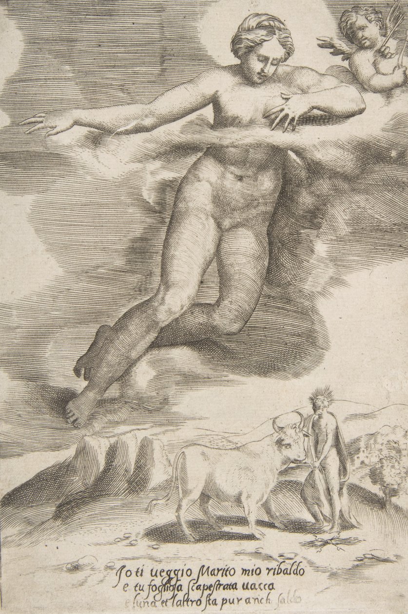 Juno assistindo Júpiter e Io, de The Loves of the Gods, 1531-60. de Giulio Bonasone