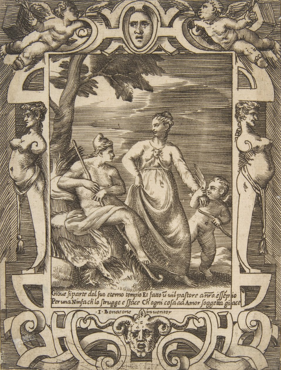 Júpiter à esquerda na forma de um pastor acompanhado por Mnemósine, colocado dentro de um elabo..., 1531-76. de Giulio Bonasone