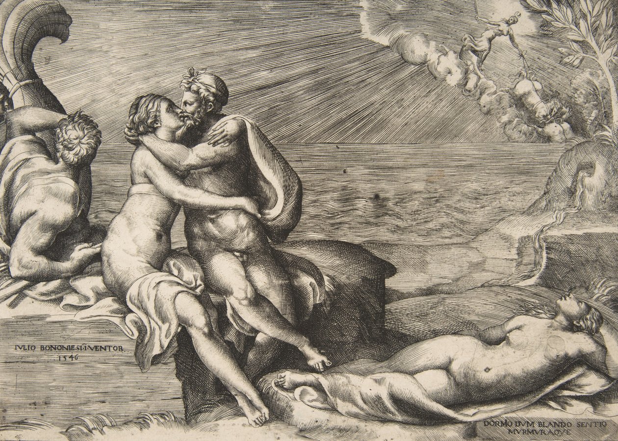 O amor de Júpiter por Juno reacendeu quando ela colocou o Cinturão de Vênus, 1546. de Giulio Bonasone
