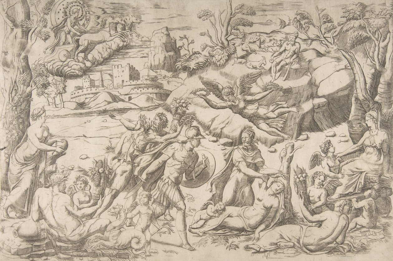 Marte e Rhea Silvia: no centro Marte segura um escudo e uma espada, Rhea Silvia dorme..., ca 1531-76. de Giulio Bonasone