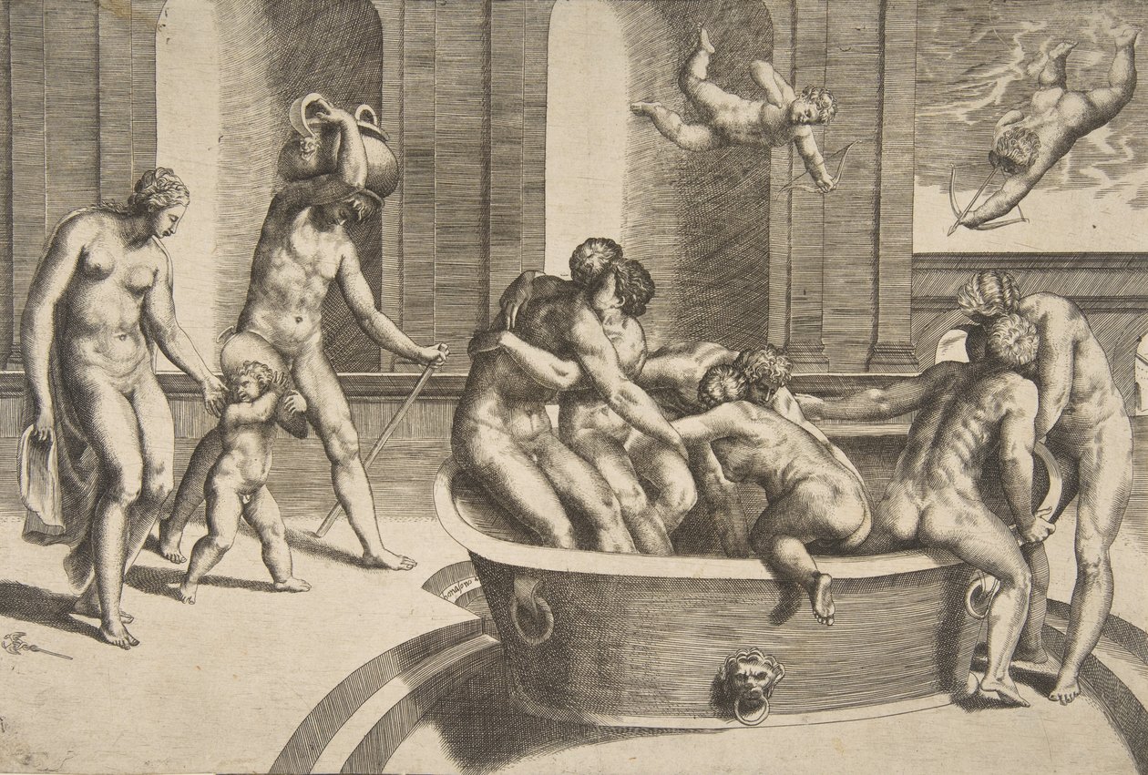Homens e mulheres tomando banho, alguns se abraçando, 1531-76. de Giulio Bonasone