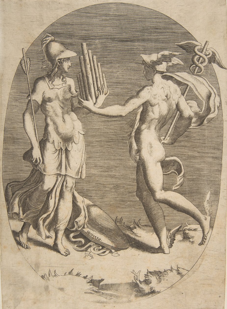 Mercúrio apresentando uma gaita de pã para Minerva que está à esquerda, uma composição oval, 1531-76. de Giulio Bonasone