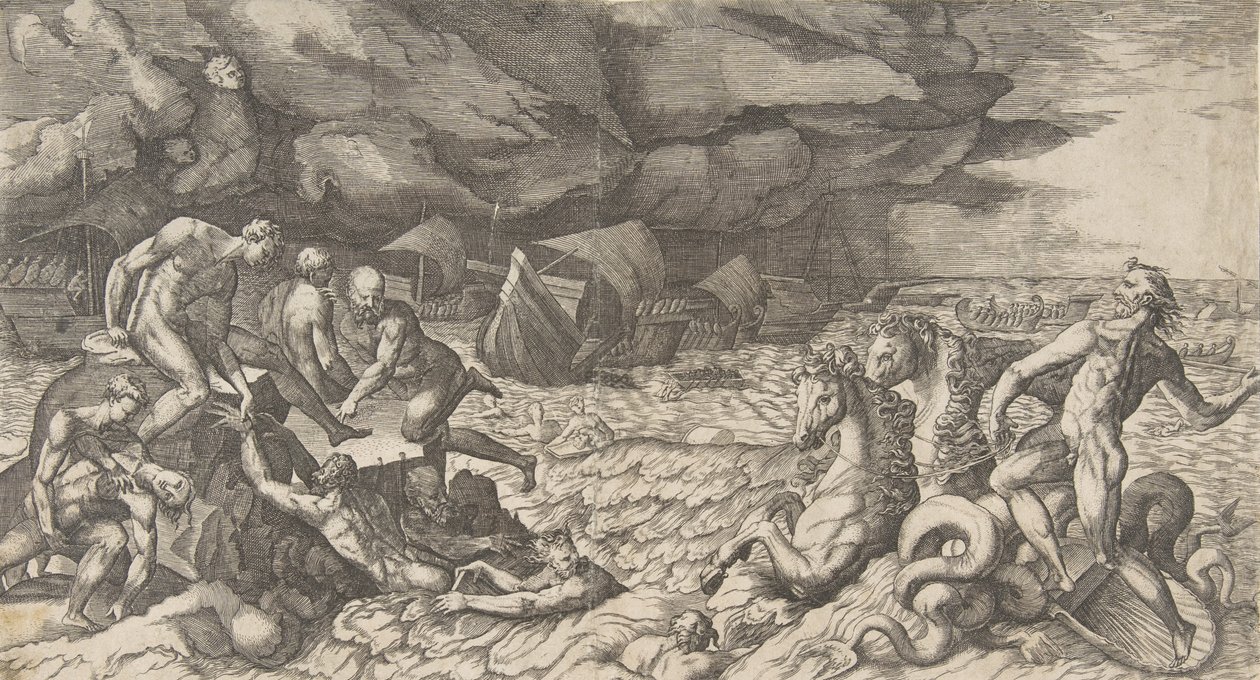 Netuno acalmando a Tempest Aeolus levantada contra a Frota de Aeneas, 1531-76. de Giulio Bonasone