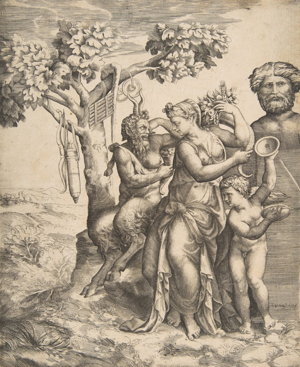 Pan à esquerda sentado ao lado de uma ninfa em pé, à direita Cupido segurando címbalos, 1531-76. de Giulio Bonasone