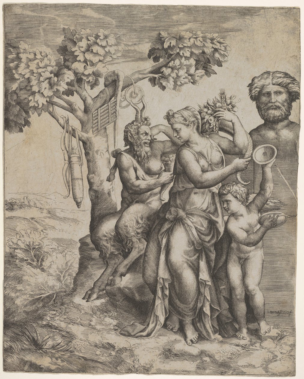 Pan sentado perto de uma figura feminina segurando uma cornucópia uma ninfa ou Pomona, à direita ..., ca. 1550-60. de Giulio Bonasone