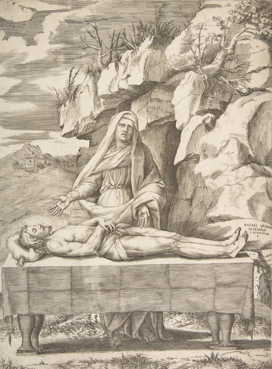 Pietà, Cristo estendido sobre uma mesa numa paisagem, a Virgem de pé atrás dos braços..., 1531-76. de Giulio Bonasone