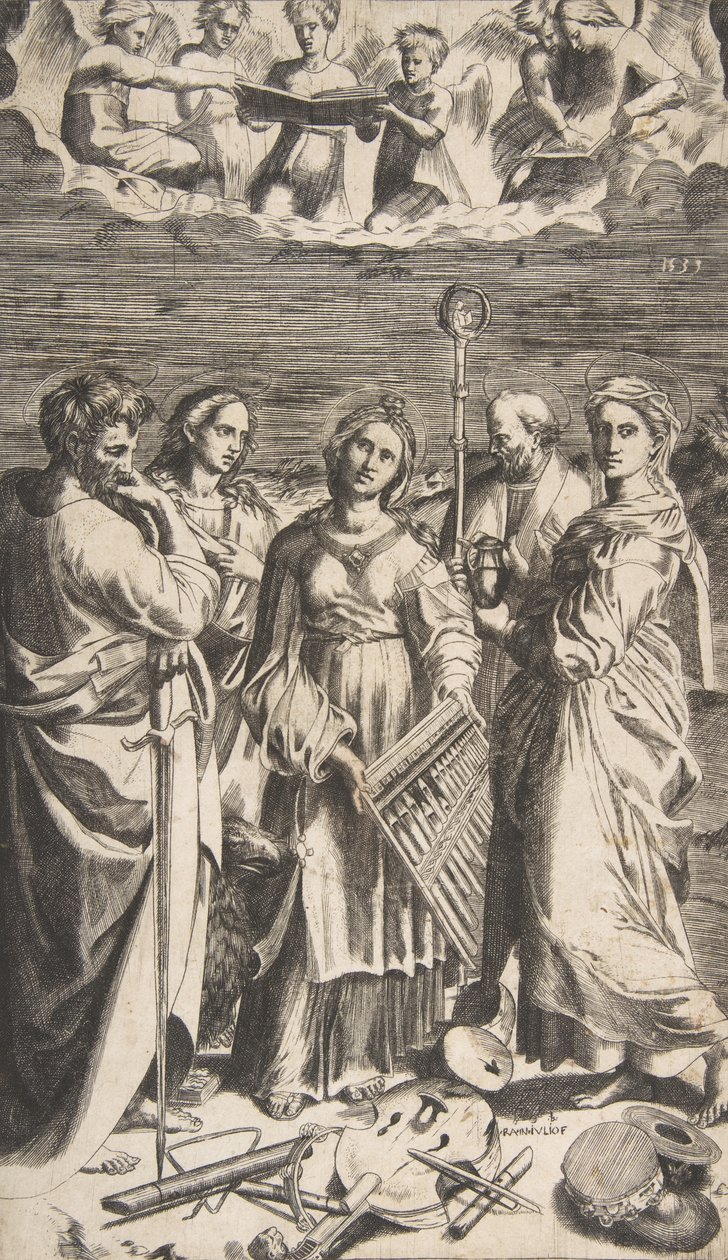 Santa Cecília em pé no centro acompanhada por São Paulo, Madalena, São João..., 1531. de Giulio Bonasone