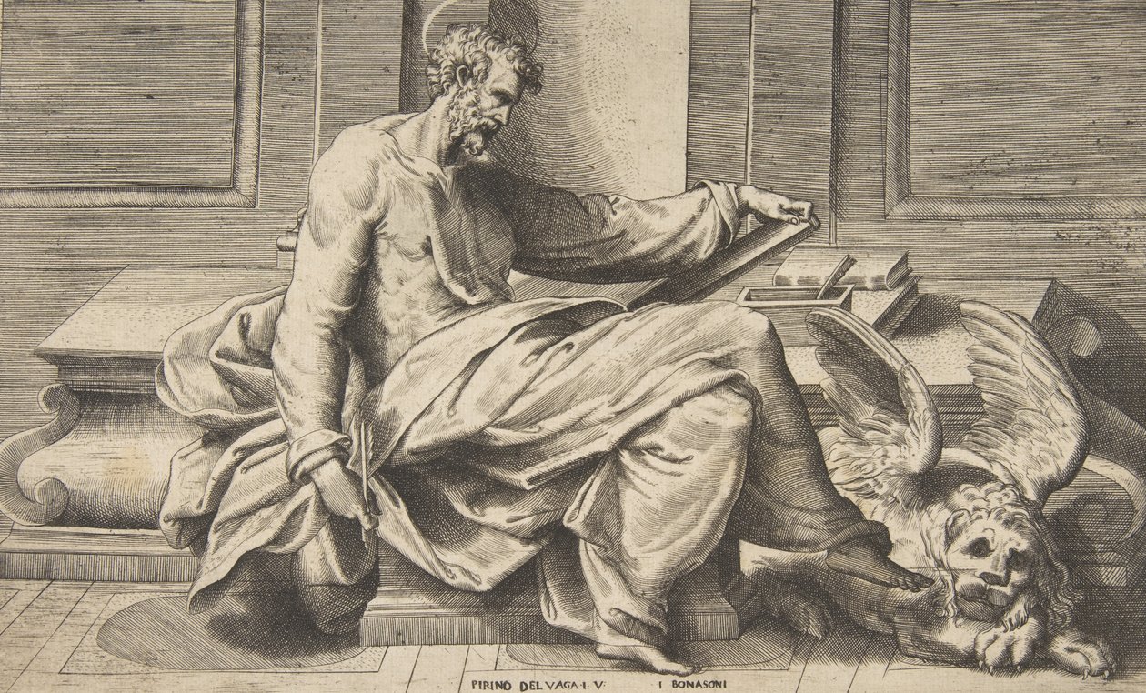 São Marcos escrevendo seu Evangelho, um leão alado à direita, 1531-76. de Giulio Bonasone