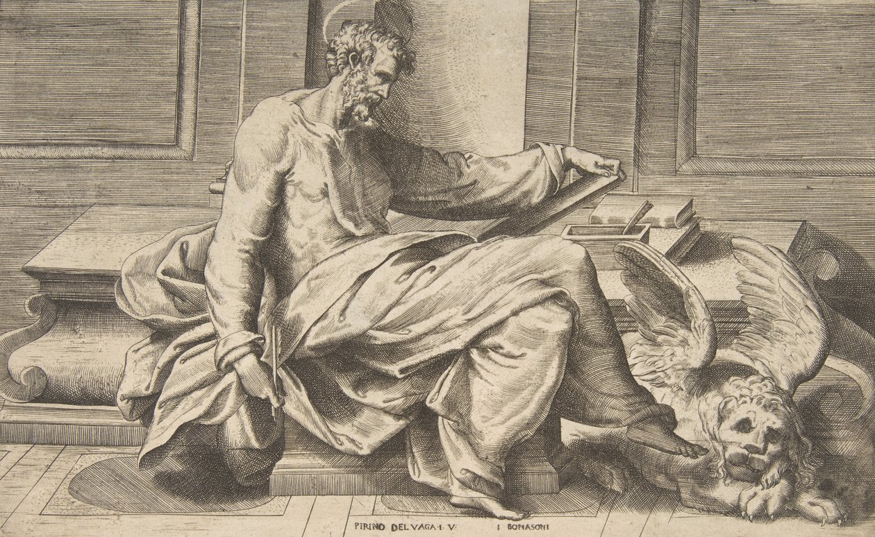 São Marcos escrevendo seu evangelho, leão alado à direita, 1531-76. de Giulio Bonasone