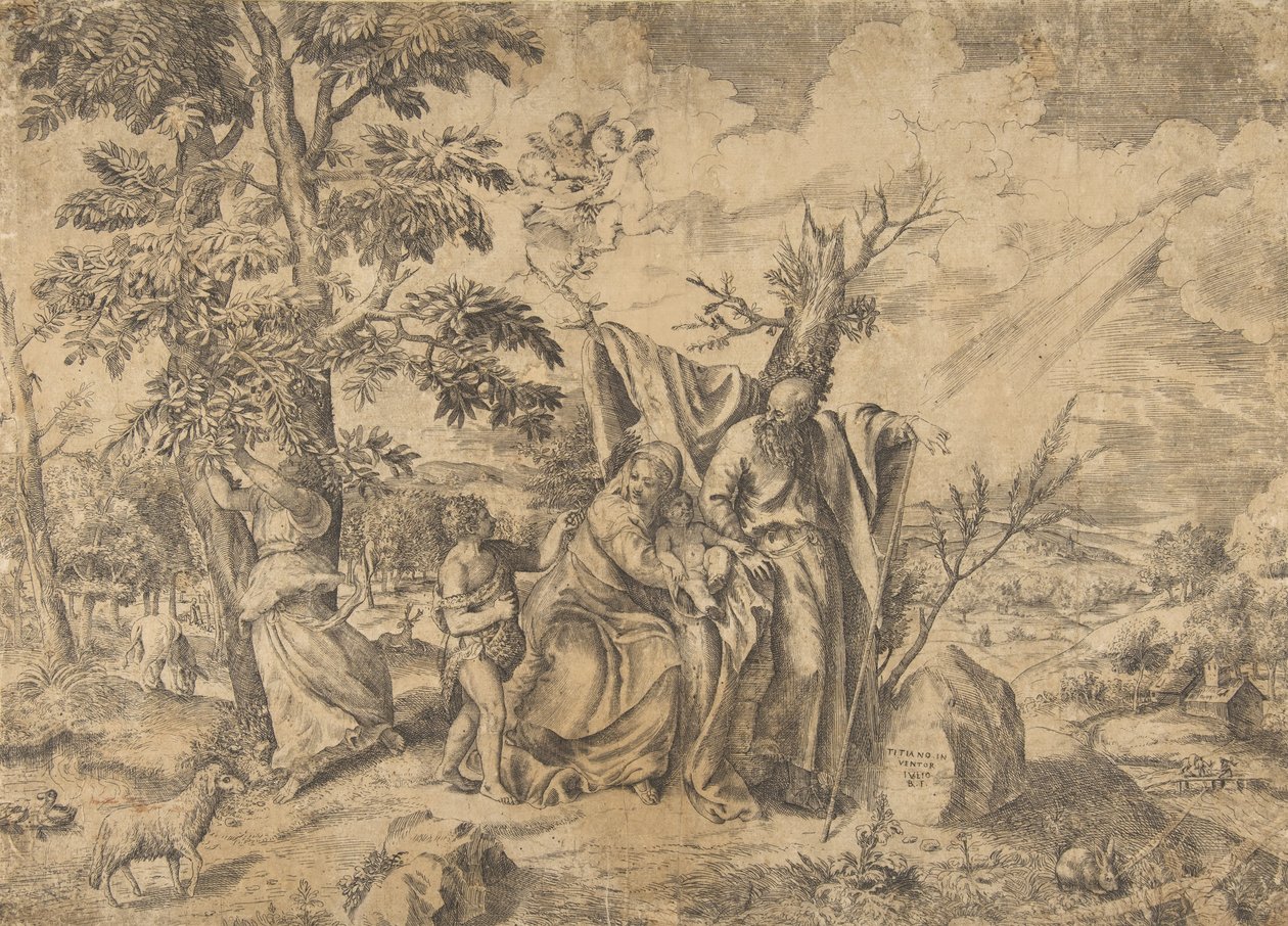 O Descanso na Fuga para o Egito, José à direita, a Virgem segura o Menino Jesus em..., 1531-76. de Giulio Bonasone