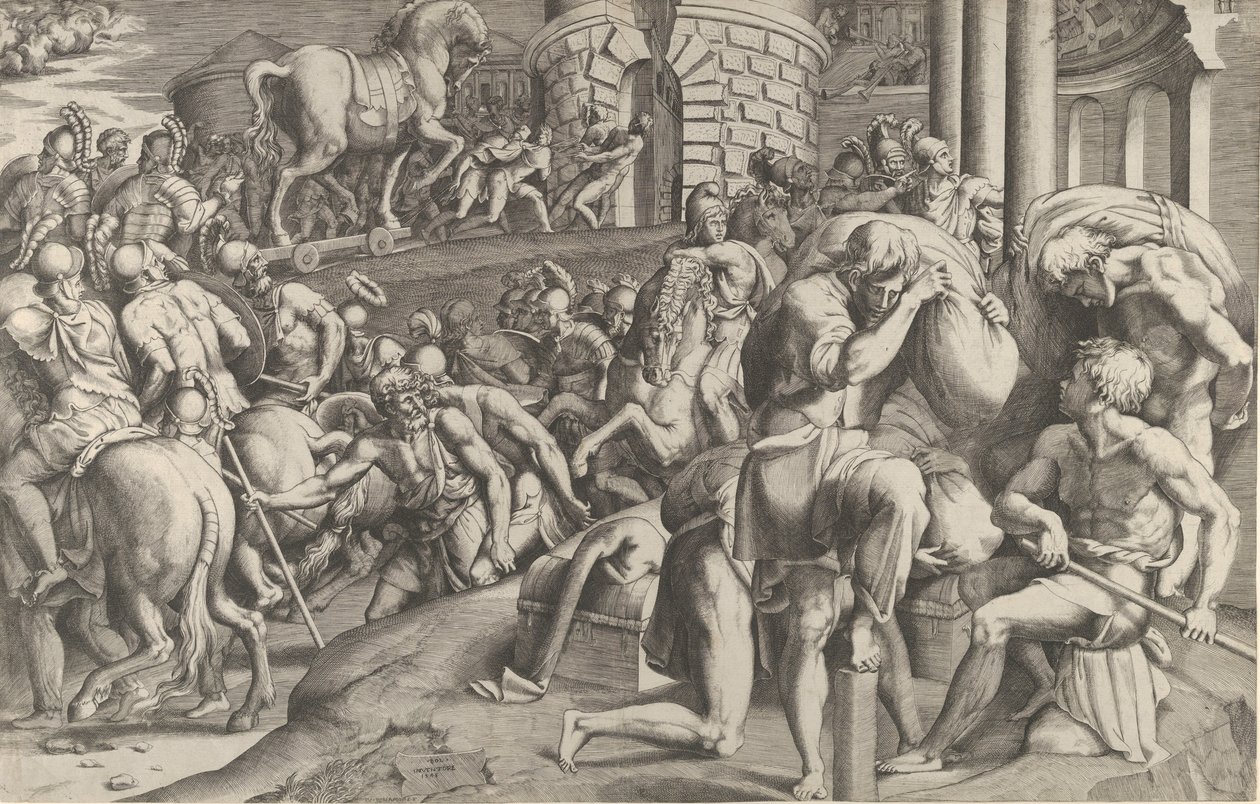 Os troianos transportando o cavalo de madeira para Tróia, 1545. de Giulio Bonasone
